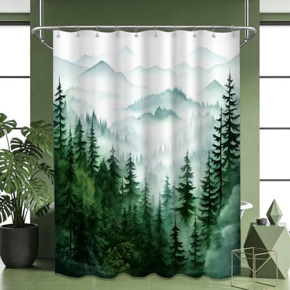 Dark Green and White Forest Shower Curtain, 60X72 in, Nature Pine Tree