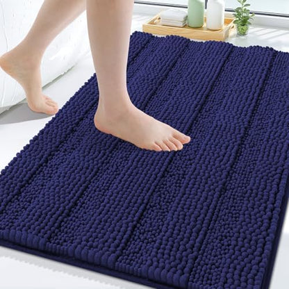 Grandaily Chenille Striped Bathroom Rugs 30x20, Extra Thick and Soft Absorbent Bath Mats, Rubber Backing, Plush Shaggy Shower Carpet, Machine Wash Dry, Bath Rug for Bathroom, Twilight Sapphire
