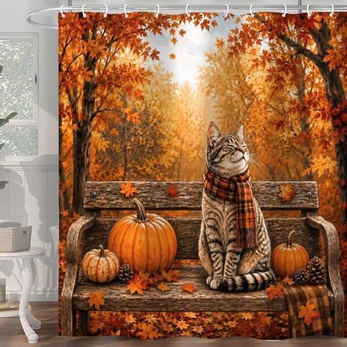 Fall Cat Shower Curtain, Autumn Forest Pumpkin Thanksgiving Bathroom Curtains, Rustic Farmhouse Maple Leaves Cozy Waterproof Polyester Fabric Shower Curtain with Hooks 72x72 Inch