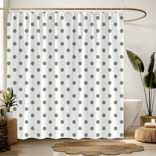 Polka Dot Shower Curtain Sage Green White Retro Spot Vintage Fabric Decorative Bathroom Curtains with Hooks,70" Wx70 H