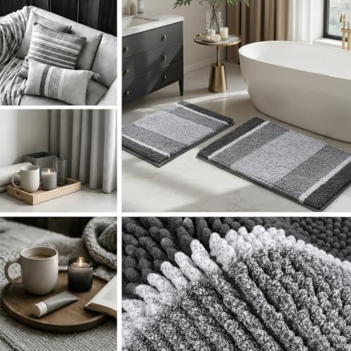 HOMEIDEAS Grey Bathroom Rugs Set of 2, Striped Chenille, 20"x32"+17"x24"