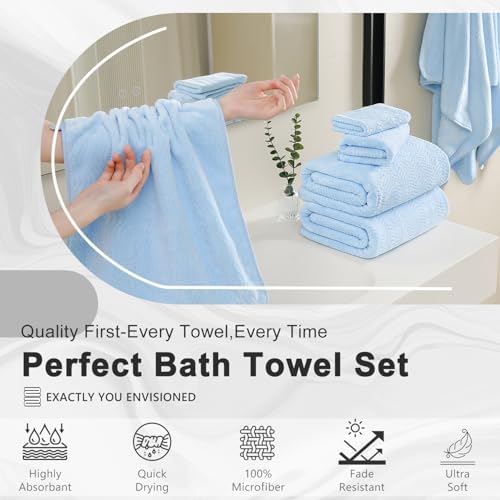 8 Piece Bath Towel Set Blue|2 Oversized Large Bath Sheet,2 Hand Towels,4 Washcloths| Ultra Soft Cozy Bath Towel Set for Bathroom Hotel Gym Spa,Highly Absorbent & Quick Dry Bathroom Towel Collections