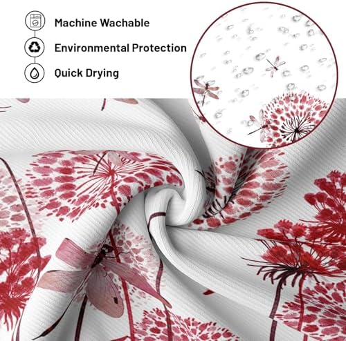 Red Dandelion Shower Curtain Spring Dragonfly Coral Red and White Watercolor Shower Curtains for Bathroom Decor, Waterproof Cloth Fabric with Hooks 70" Wx72 L