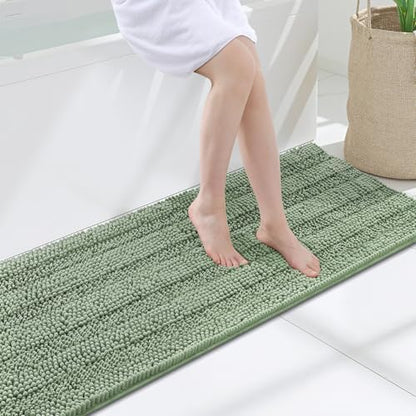 Grandaily Chenille Striped Bathroom Rugs 47x17, Extra Thick and Soft Absorbent Bath Mats, Rubber Backing, Plush Shaggy Shower Carpet, Machine Wash Dry, Bath Rug for Bathroom, Grayish Green