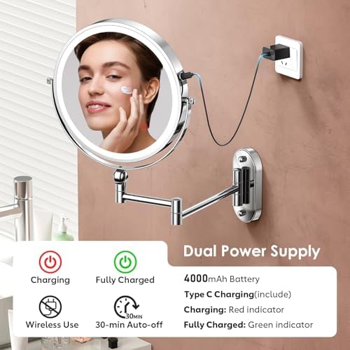 ZLOKLA 9" Wall Mounted Lighted Makeup Mirror,4000mAh Rechargeable Double Sided 1X/20X Magnifying Mirror with Light,Touch Dimmable,Extended Arm 360 Rotation Wall Mounted Makeup Mirror 3 Color Lights