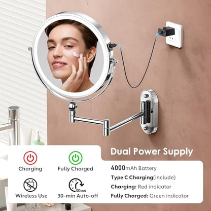 ZLOKLA 9" Wall Mounted Lighted Makeup Mirror,4000mAh Rechargeable Double Sided 1X/20X Magnifying Mirror with Light,Touch Dimmable,Extended Arm 360 Rotation Wall Mounted Makeup Mirror 3 Color Lights