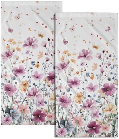 Purple Wildflowers Hand Towels 14x28 Inch 2Pcs Summer Spring Botanical Floral Butterfly Soft Fingertip Tea Towel Absorbent Dish Cloth for Bathroom Kitchen Hotel Spa Home Decor