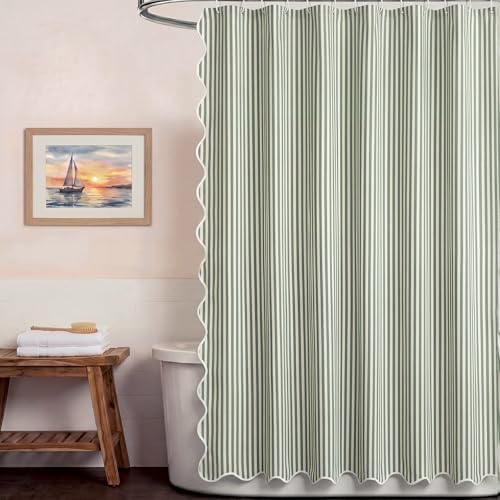 HunnmingRe Sage Green Farmhouse Striped Shower Curtain Scalloped 72x72''