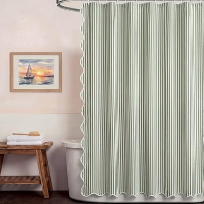 HunnmingRe Sage Green Farmhouse Striped Shower Curtain Scalloped 72x72''