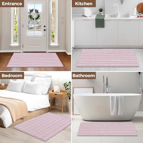 Bcoimo Bath Rug Mat,48x30 Chenille Non Slip Pink Long Bathroom Runner Rugs