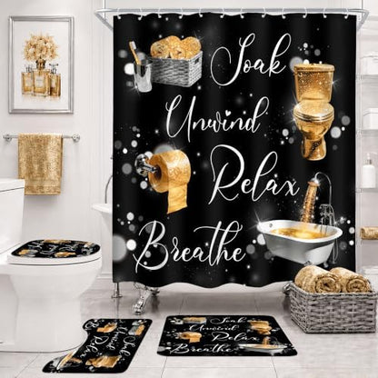 Gold Black Golden Funny Quotes 4Pcs Bathroom Shower Curtain Set with Rugs