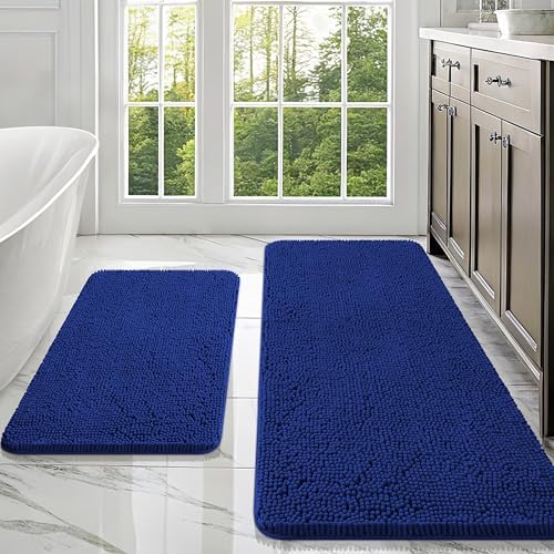 OLANLY Chenille Bathroom Rugs Mats Sets 2 Piece, 47"x20"+30"x20", Navy