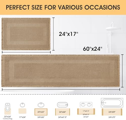 Upgrade Waffle Bath Mat Set 2 Piece , Boho Bathroom Rugs Absorbent Non Slip, Ultra Soft Bathroom Mat, Machine Washable Knit Bath Rugs with Tassels for Bathroom, Bedroom, Kitchen, Shower, Tub, Beige