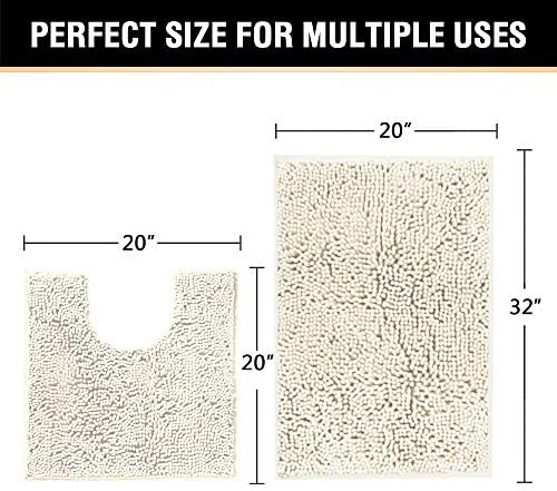 H.VERSAILTEX Bathroom Rugs Luxury Chenille Mat Set, Soft Plush Shower Rug + Toilet Mat, Microfiber Shaggy Carpet, Super Absorbent Mats, Machine Washable Bath Mat Curved Set, 32" x 20"/20" x 20", Cream