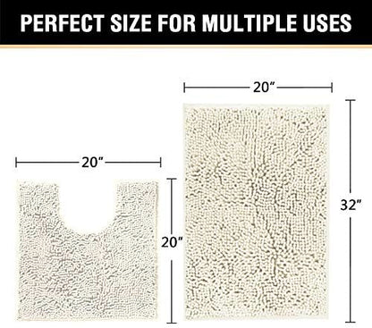 H.VERSAILTEX Bathroom Rugs Luxury Chenille Mat Set, Soft Plush Shower Rug + Toilet Mat, Microfiber Shaggy Carpet, Super Absorbent Mats, Machine Washable Bath Mat Curved Set, 32" x 20"/20" x 20", Cream