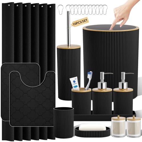 Bathroom Accessories Set Complete, Black Shower Curtain Set, 25PCS
