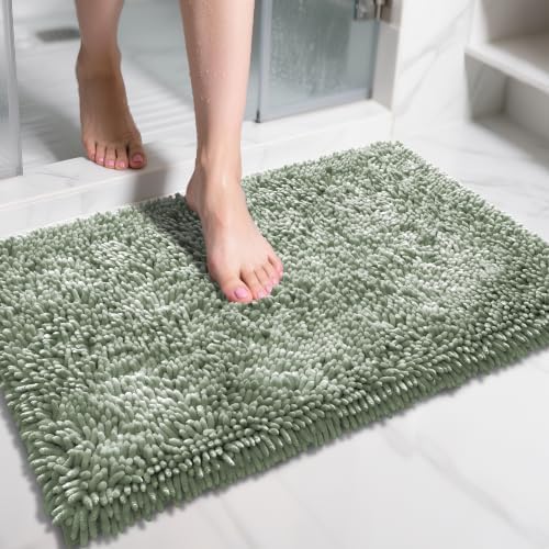 Yimobra Chenille Bathroom Rugs Non Slip, Extra Thick Soft Absorbent Bath Rug 31.5x20 Inch, Machine Washable Quick Dry Bath Mat for Bathroom Floor, Tub and Shower, Home Decor Accessories, Sage Green
