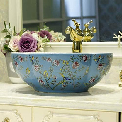 Ceramic Bathroom Vessel Sinks American Style Blue White Countertop Sink Bowl with Flower Bird Pattern without Faucet,Dia.16.4x"H5.9" Size