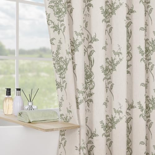 Sage Linen Farmhouse Shower Curtain, Boho Floral Bathroom 72x78