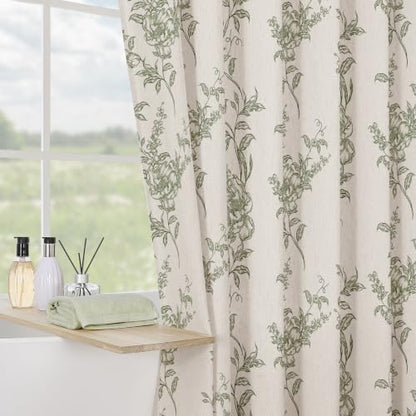 Sage Linen Farmhouse Shower Curtain, Boho Floral Bathroom 72x78