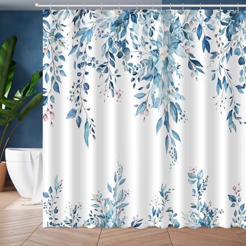Eucalyptus Shower Curtain, Aesthetic Art Watercolor Plant Leaves with Floral Bathroom Decor, Waterproof Fabric Cloth Bath Curtain Set with Hooks (Blue, 72" W x 72" L)