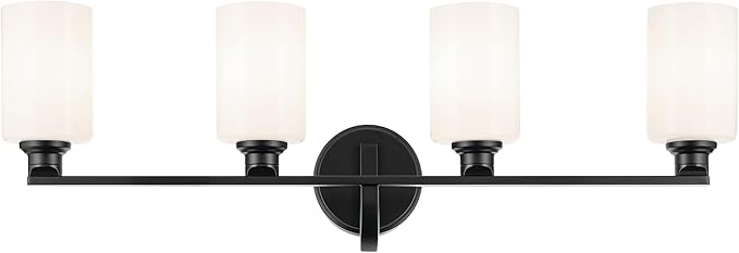 Kichler Gioe 32.25" 4-Light Vanity Light with Opal Glass in Black, Damp Rated, for Bathroom, Powder Room, Over a Mirror, (32.25" W x 10.5" H), 55227BK