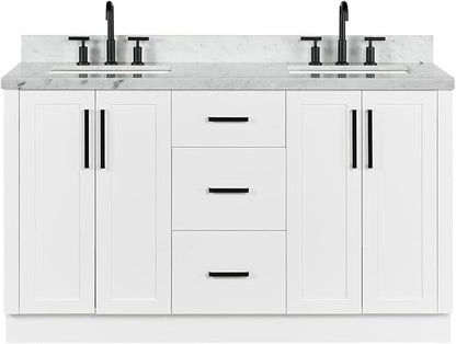 ARIEL Loren 60-inch Bathroom Vanity with Sink,Solid Wood, 1.5-inch Italian Carrara Marble Countertop, Double Rectangular Porcelain Sink, 4 Soft Closing Doors, 3 Dovetail Drawers, White