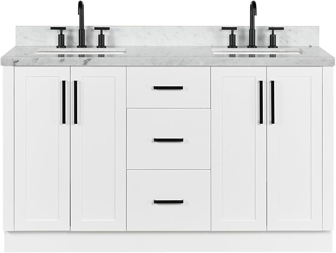 ARIEL Loren 60-inch Bathroom Vanity with Sink,Solid Wood, 1.5-inch Italian Carrara Marble Countertop, Double Rectangular Porcelain Sink, 4 Soft Closing Doors, 3 Dovetail Drawers, White