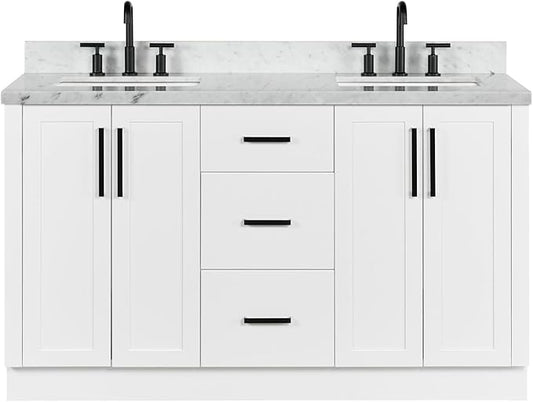 ARIEL Loren 60-inch Bathroom Vanity with Sink,Solid Wood, 1.5-inch Italian Carrara Marble Countertop, Double Rectangular Porcelain Sink, 4 Soft Closing Doors, 3 Dovetail Drawers, White