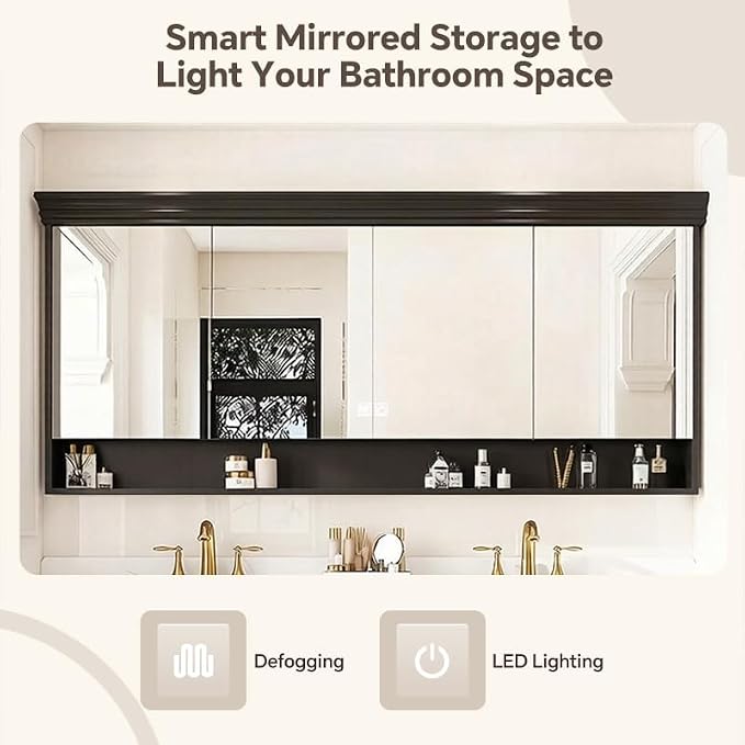 48-92IN Single/Double Sink Bathroom Vanity, Defogging Smart Mirror, Modern American Free Standing Vanity with Bathroom Cabinet