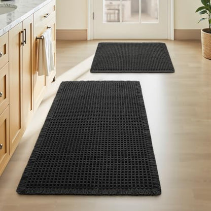 Upgraded Waffle Bath Mat Set of 2 Absorbent Bathroom Mat 17"x24" + 18"x30"