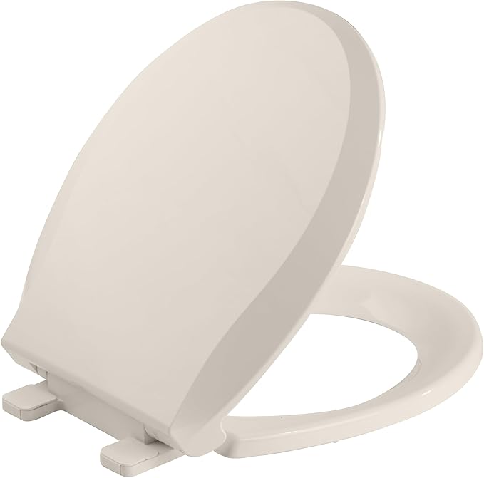Durable Round Toilet Seat with Slow Soft Close - Easy to Install and Clean, Never Loosens - White, Fits Most Round Toilets Almond
