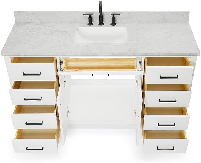 ARIEL Hepburn 60-inch Bathroom Vanity with Sink,Solid Wood, 0.75-inch Italian Carrara Marble Countertop, Single Rectangular Porcelain Sink, 2 Soft Closing Doors, 9 Dovetail Drawers, White