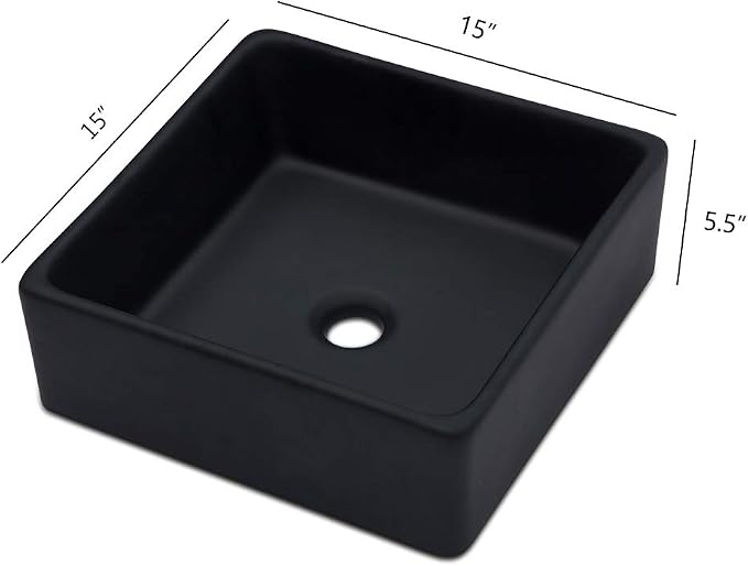 Logmey 15 Inch Black Bathroom Vessel Sink 15"x15" Square Small Vessel Sink for Bathroom Sink Above Counter Porcelain Ceramic Vanity Art Countertop Sink