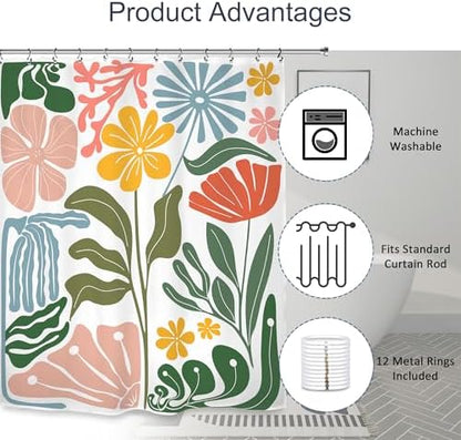 Colorful Abstract Flower Shower Curtain 60Wx72L Inch Minimalist Contemporary Matisse Funky Groovy Art Aesthetic Spring Bathroom Set Accessories Decor with 12 Pack Hooks