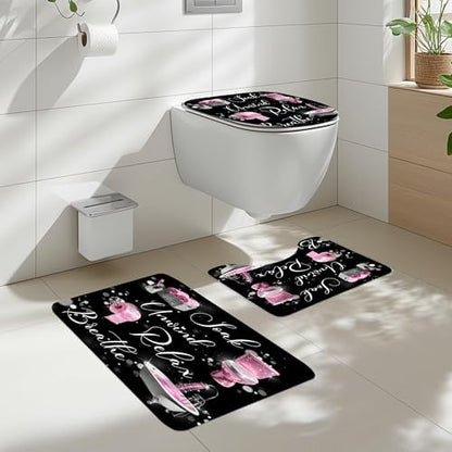 Pink Black Girls Girly Quotes 4Pcs Bathroom Shower Curtain Set with Rugs