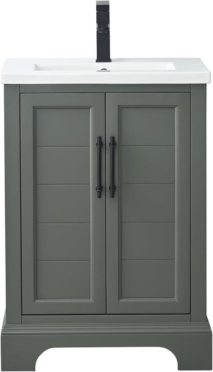 HOMEBEYOND 24 Inch Bathroom Vanity with Single Sink & Ceramic Top, Vanity Cabinet with Center Countertop Basin, Soft-Closing Doors,Vintage Green