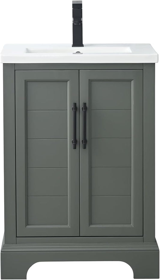 HOMEBEYOND 24 Inch Bathroom Vanity with Single Sink & Ceramic Top, Vanity Cabinet with Center Countertop Basin, Soft-Closing Doors,Vintage Green