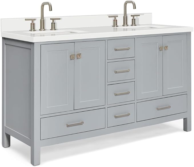 ARIEL Cambridge 60-inch Bathroom Vanity with Sink,Solid Wood, 1.5-inch Pure White Quartz Countertop & Backsplash, Double Rectangular Porcelain Sink, 4 Soft Closing Doors, 6 Dovetail Drawers, Grey
