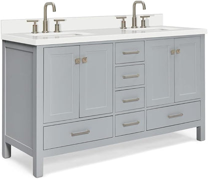 ARIEL Cambridge 60-inch Bathroom Vanity with Sink,Solid Wood, 1.5-inch Pure White Quartz Countertop & Backsplash, Double Rectangular Porcelain Sink, 4 Soft Closing Doors, 6 Dovetail Drawers, Grey