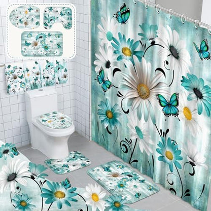 FuWeave 8 Pcs Vintage Daisy Shower Curtain Set Bathroom Decor Daisy Waterproof Bathroom Accessories Shower Curtain Sets with Towels Carpet Bath Mat Toilet Rugs and 12 Hooks