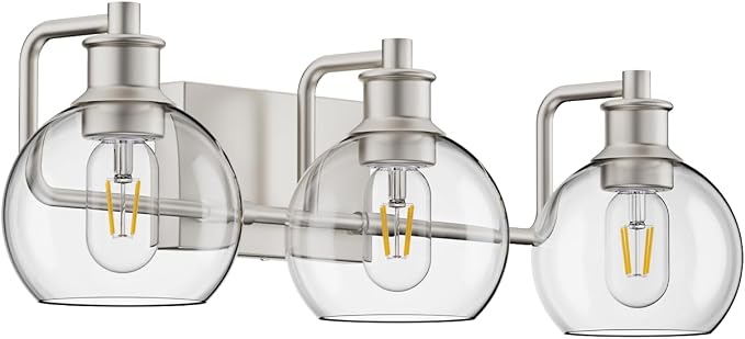 Tipace Bathroom Light Fixtures Brushed Nickel Vanity Light 3 Light Wall Sconces Lighting with Clear Globe Glass Shades Bath Wall Lamp for Mirror Kitchen Living Room Bedroom Hallway(Exclude Bulb)
