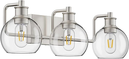 Tipace Bathroom Light Fixtures Brushed Nickel Vanity Light 3 Light Wall Sconces Lighting with Clear Globe Glass Shades Bath Wall Lamp for Mirror Kitchen Living Room Bedroom Hallway(Exclude Bulb)