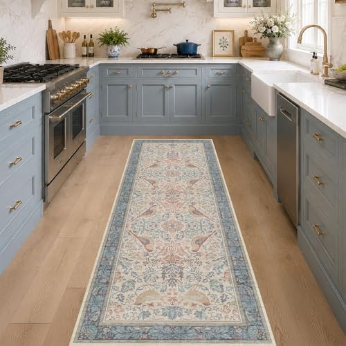 Hazo Haus Natural Red Blue 2'6"x8' Hallway Runner Rug, Boho Kitchen Floor Mat for Indoor Entrance and Bathroom, Washable Vintage Floral & Bird Pattern Decor, Non Slip Rubber Backing
