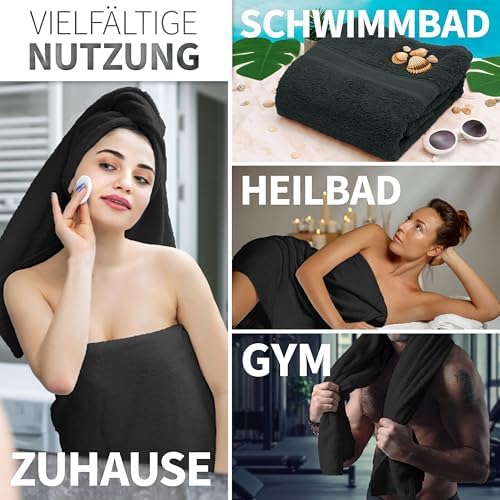 Pack of 2 Bath Towels - 100% Cotton, 500 g/m² - Soft, Absorbent & Durable - for Home, Sauna & Travel - 27 x 54 in, Black