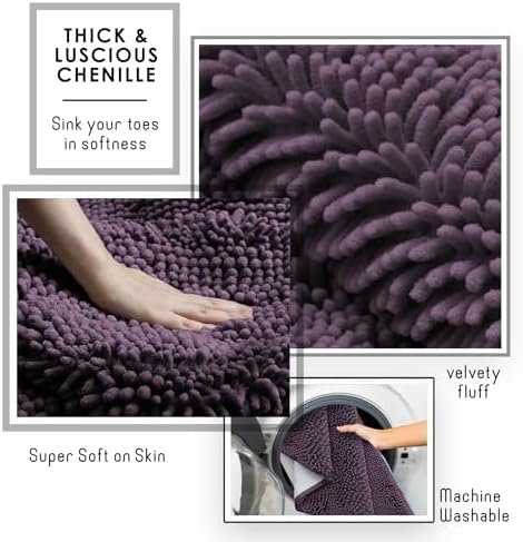 Hearth & Harbor Bathroom Rugs, Chenille Bath Mat - Machine Washable Bath Mats for Bathroom Non-Slip Backing Rubber, Quick Dry Mat - Purple Bath Rug, 17x24-20x32-20x24