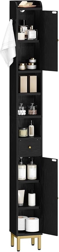 Bathroom Cabinet with Adjustable Shelves, Freestanding Floor Cabinet, Tall Black Bathroom Storage Cabinet, Narrow Toilet Paper Storage, 7.9"D x 7.9"W x 70.9"H