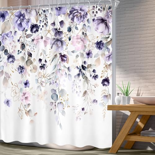 Floral Purple Pink Leaf Rustic Girly Bathroom Shower Curtain Set