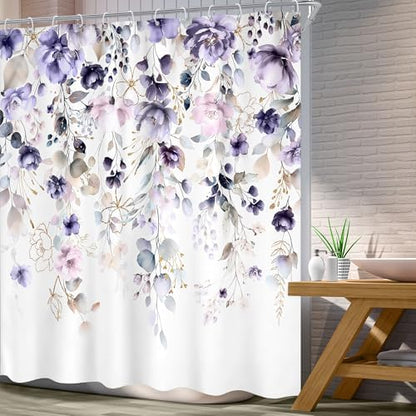 Floral Purple Pink Leaf Rustic Girly Bathroom Shower Curtain Set