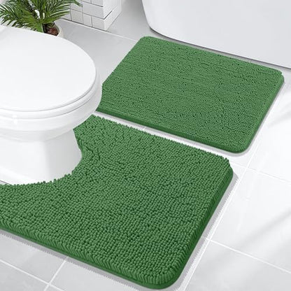 OLANLY Chenille Bathroom Rugs Sets 2 Piece, 24"x16"+24"x20", Olive Green